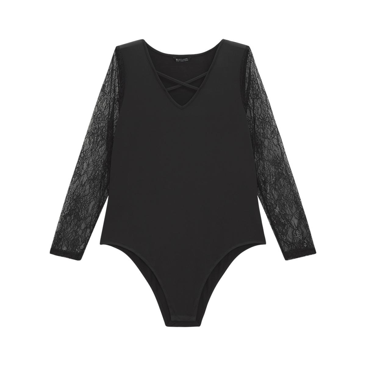 Plus Size Plain Lace Mesh Patchwork Crisscross Bodysuit Women Black Plain Patchwork Bodysuits BloomChic 28/5X Product Image