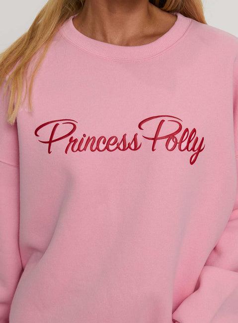 Princess Polly Classic Crew Neck Sweatshirt Bubble Text Pink Product Image