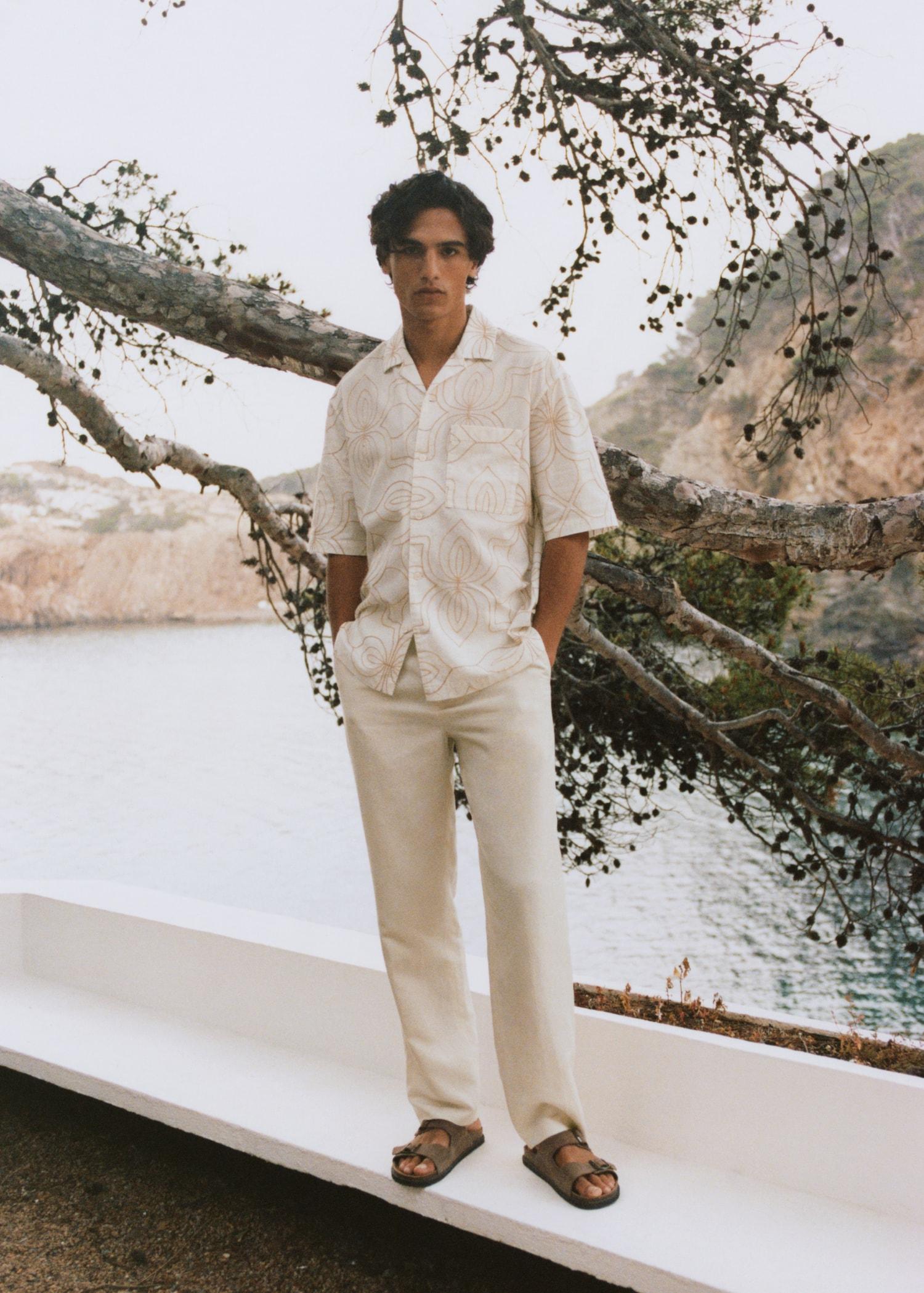 Linen-blend pants with an elastic waistband - Men | MANGO USA Product Image
