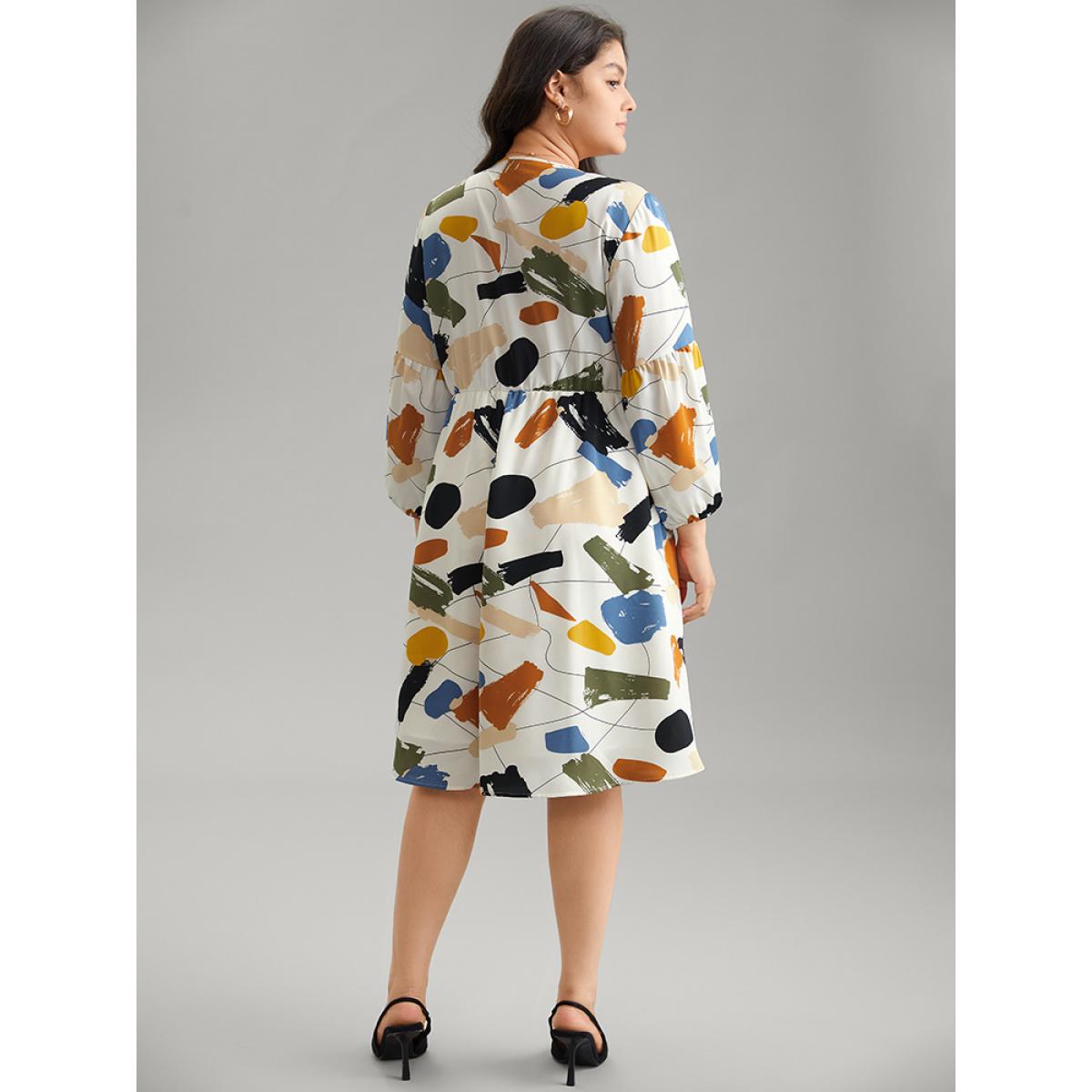 Plus Size Colored Brush Print Pocket Button Detail Dress Ivory Women At the Office Elastic cuffs V-neck Long Sleeve Curvy Midi Dress BloomChic 10/M Product Image