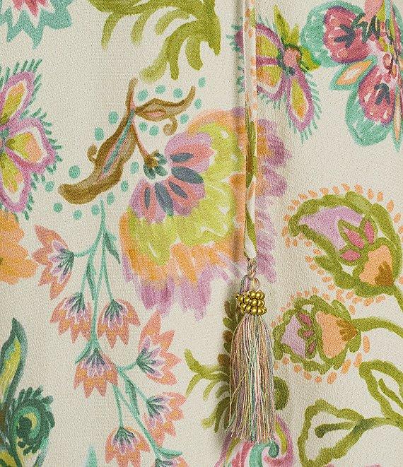 John Mark Embroidered Floral Split Tassel Tie Neck 3/4 Ruffle Sleeve Peasant Top Product Image