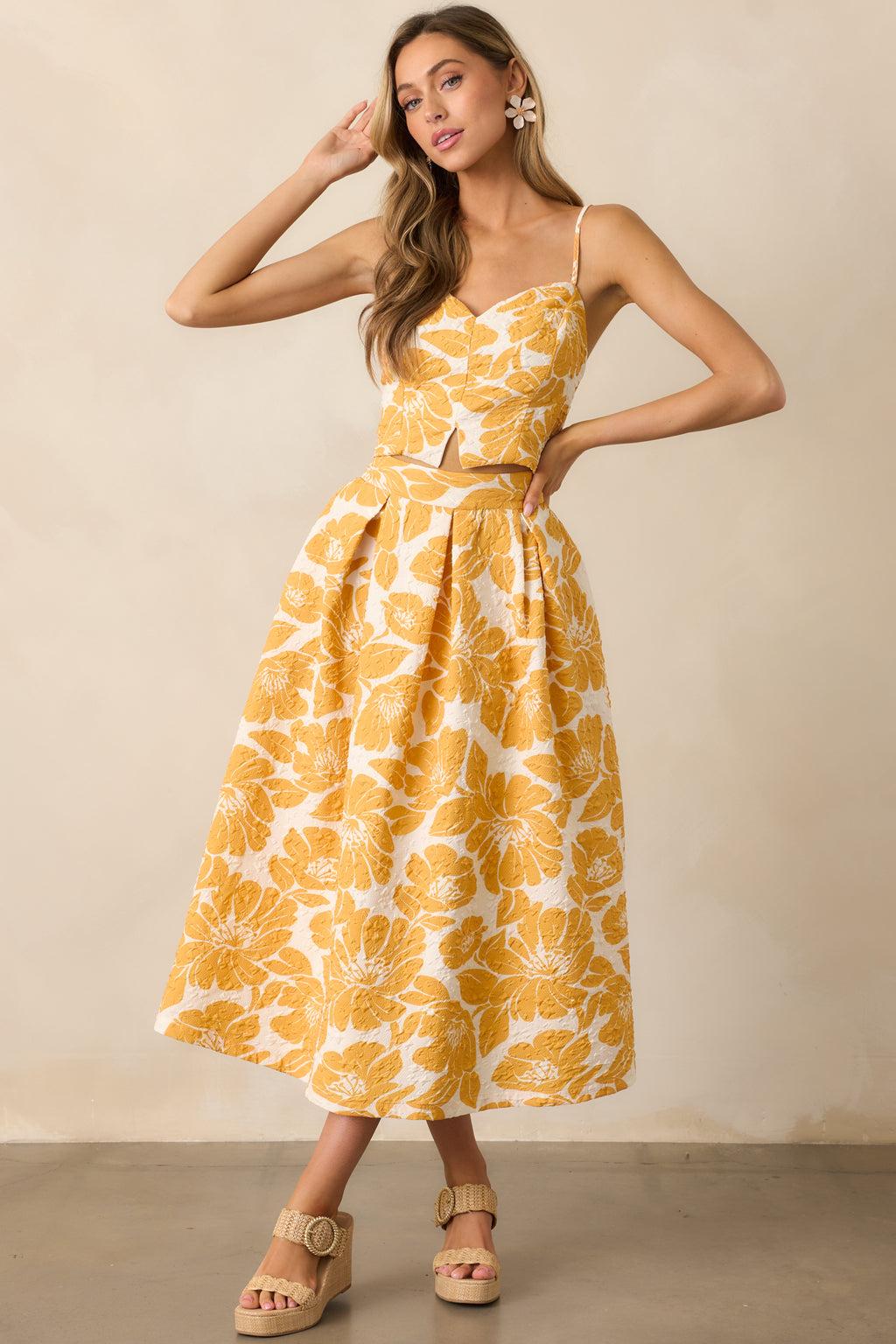 Golden Hour Yellow Floral Jacquard Midi Skirt Product Image