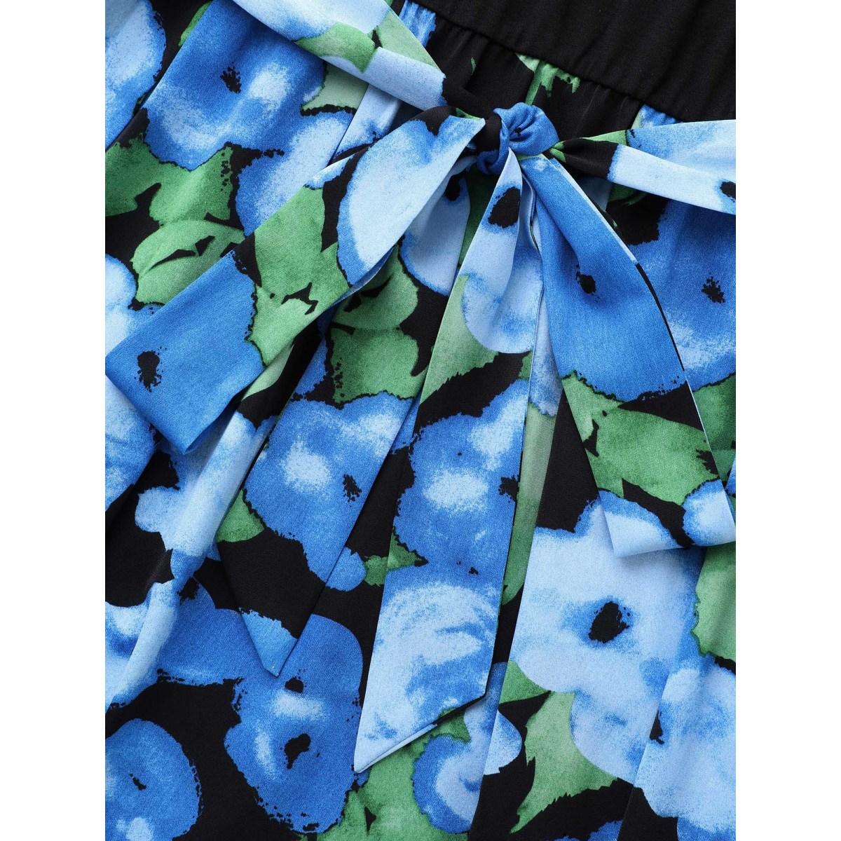 Plus Size Round Neck Floral Patchwork Belted Dress Black Women Elegant Belted Round Neck Elbow-length sleeve Curvy BloomChic 12/L Product Image