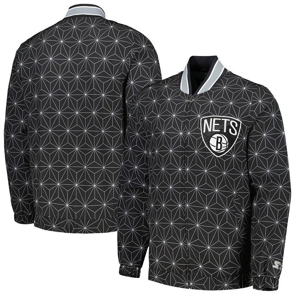 Men's Starter Black Brooklyn Nets In-Field Play Fashion Satin Full-Zip Varsity Jacket,  Product Image