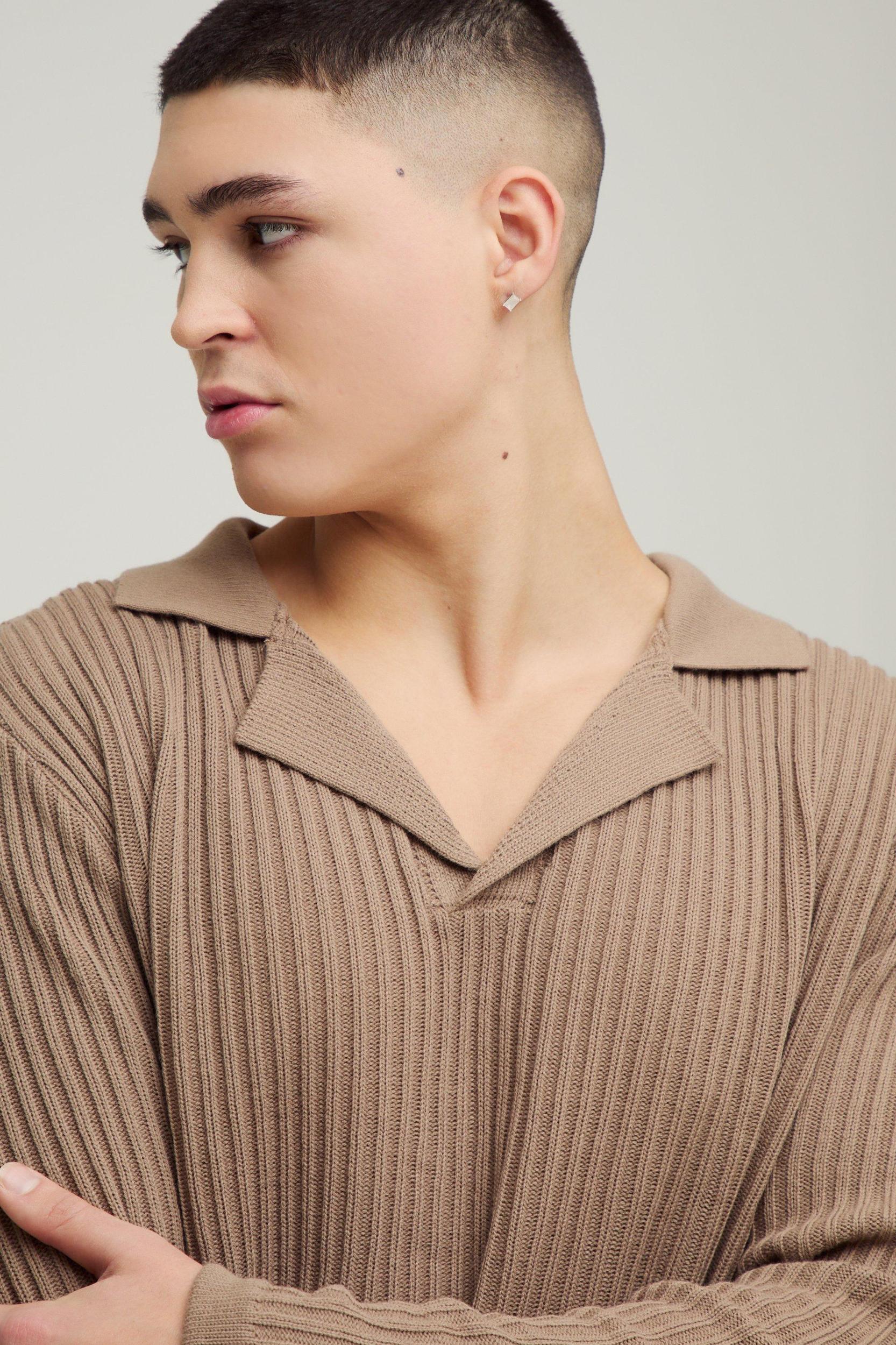 Oversized Ribbed Revere Knitted Polo | boohooMAN USA Product Image