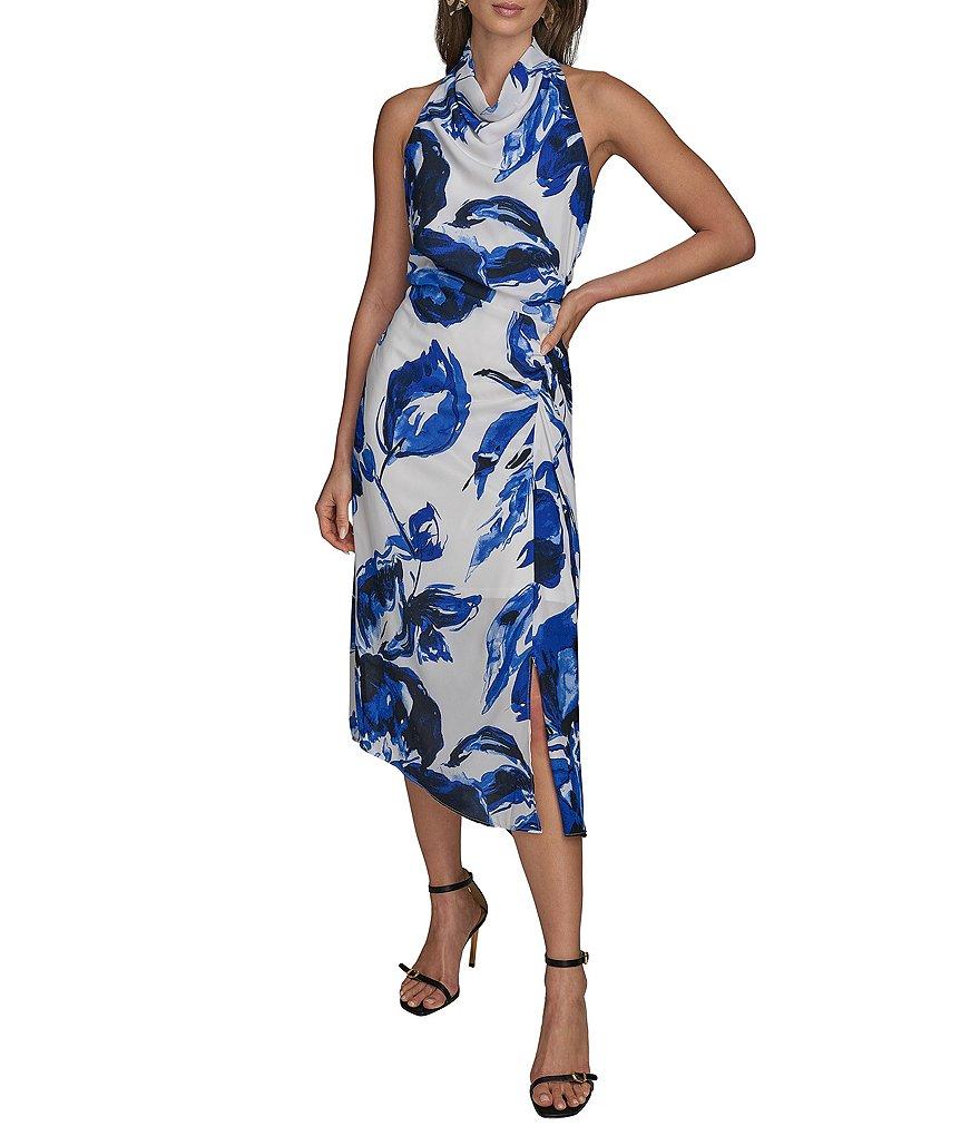 Donna Karan Cowl Neck Floral Print Asymmetric Hem Midi Dress Product Image