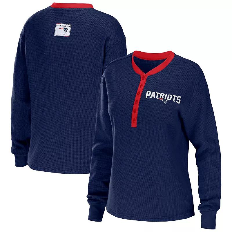 Women's WEAR by Erin Andrews Navy New England Patriots Waffle Henley Long Sleeve T-Shirt, Size: Large, Blue Product Image