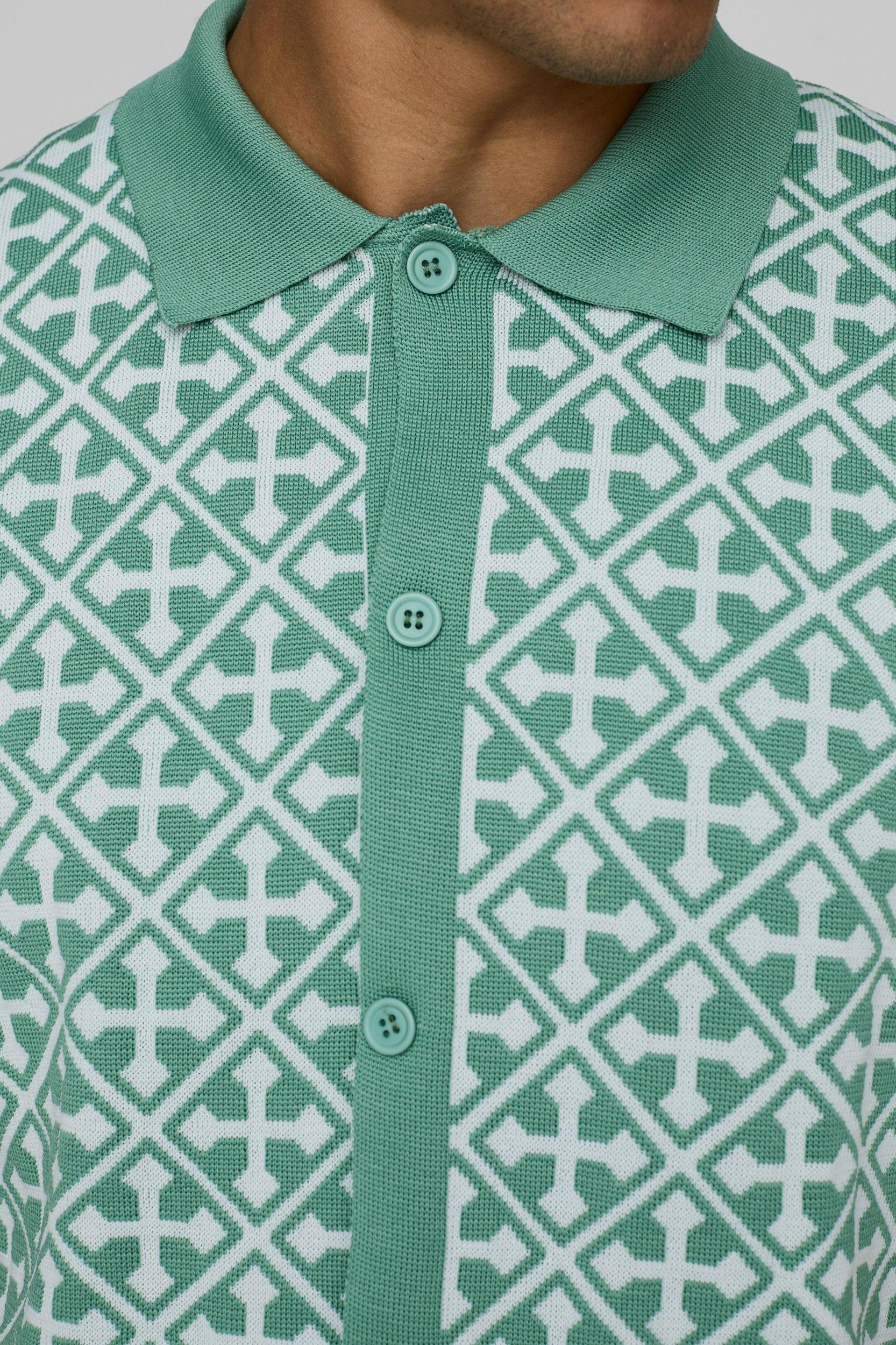 Boxy Fit Cross Motif Jacquard Knitted Collared Shirt | boohooMAN USA Product Image