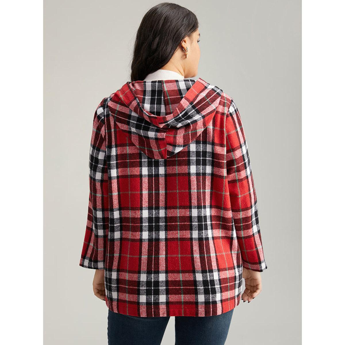 Plus Size Plaid Hooded Pocket Duffle Button Coat Women Crimson Casual Contrast Ladies Dailywear Winter Coats BloomChic 22-24/3X Product Image