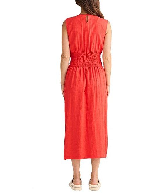 Brave + True Linen Blend Sleeveless Tie Front Smocked Back Midi Dress Product Image