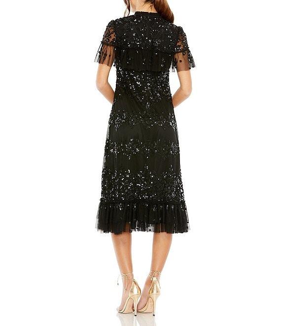 Mac Duggal Short Flutter High Mock Neck Ruffled Sequin Dress Product Image