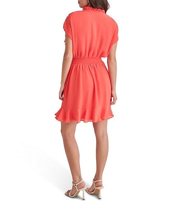 DKNY by Donna Karan Round Tie Neck Short Sleeve Smocked Waist Mini Dress Product Image