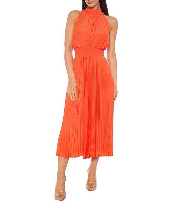 Marina Sleeveless Halter Mock Neck Smocked Pleated Crepe Chiffon A-Line Midi Dress Product Image