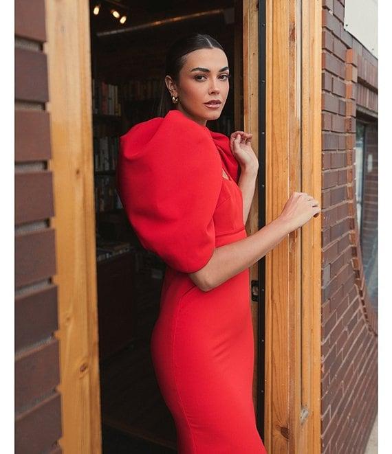 Mac Duggal Scoop Neck Dramatic Puff Sleeve Crepe Gown Product Image