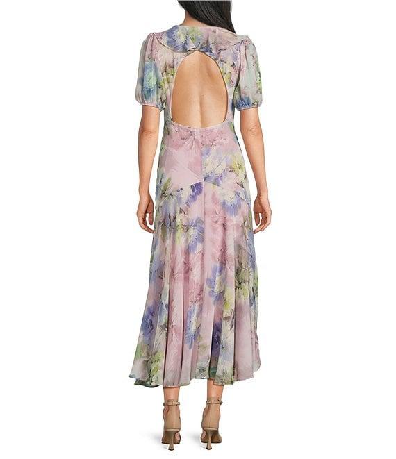 BCBG Chiffon Floral Print Short Puff Sleeve Sheath Midi Dress Product Image