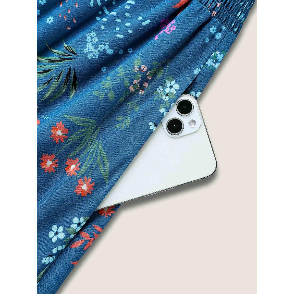 Plus Size Rayon Playful Floral Shirred Midi Dress Mediumblue Women Timeless Notched collar Short sleeve Curvy BloomChic 30/6X Product Image