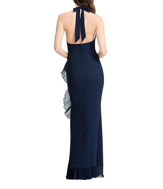 Dress the Population Kathleen Halter Neck Sleeveless Pleated Ruffle Crepe Gown Product Image