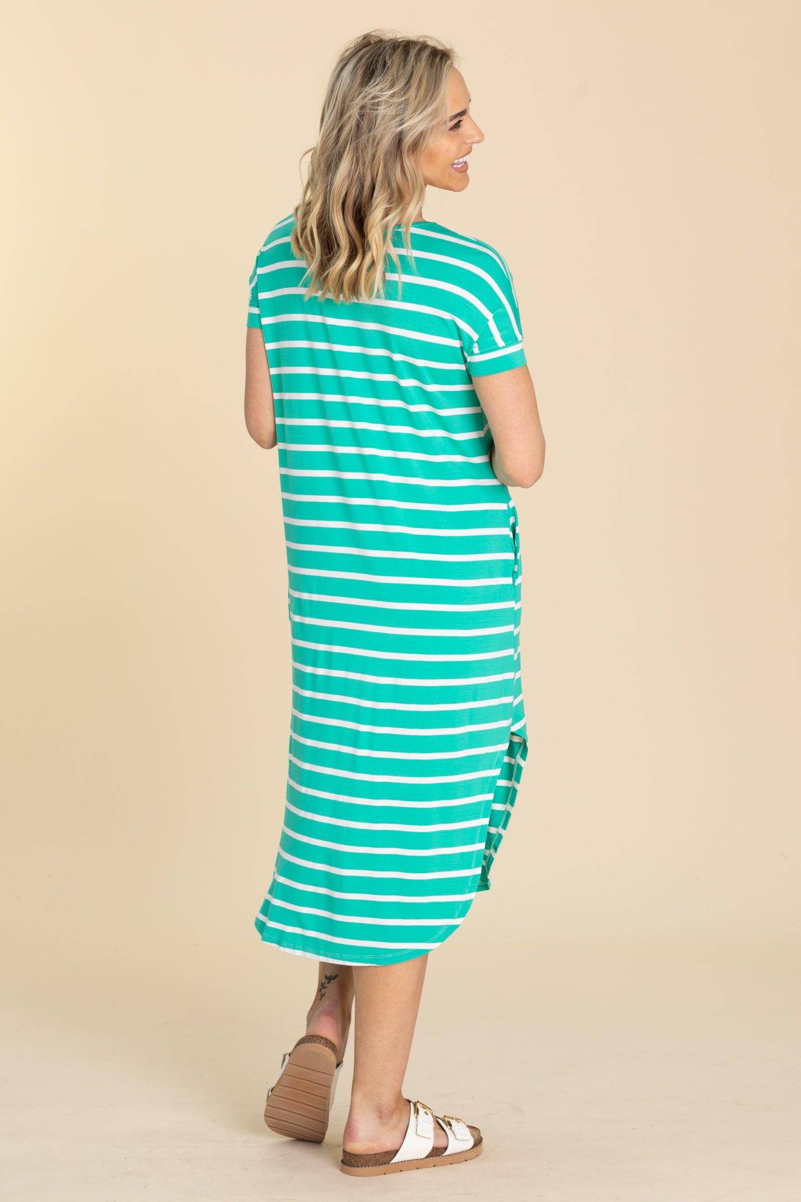 Striped Curved Hem Midi Dress With Pockets Product Image