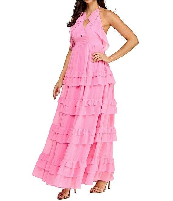 Layered With Love Olivia Chiffon V Neck Sleeveless Ruffle Gown Product Image