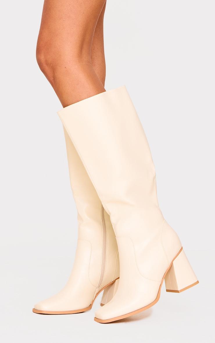 Cream Pu Wide Fit Round Toe Knee High Heeled Boots Product Image