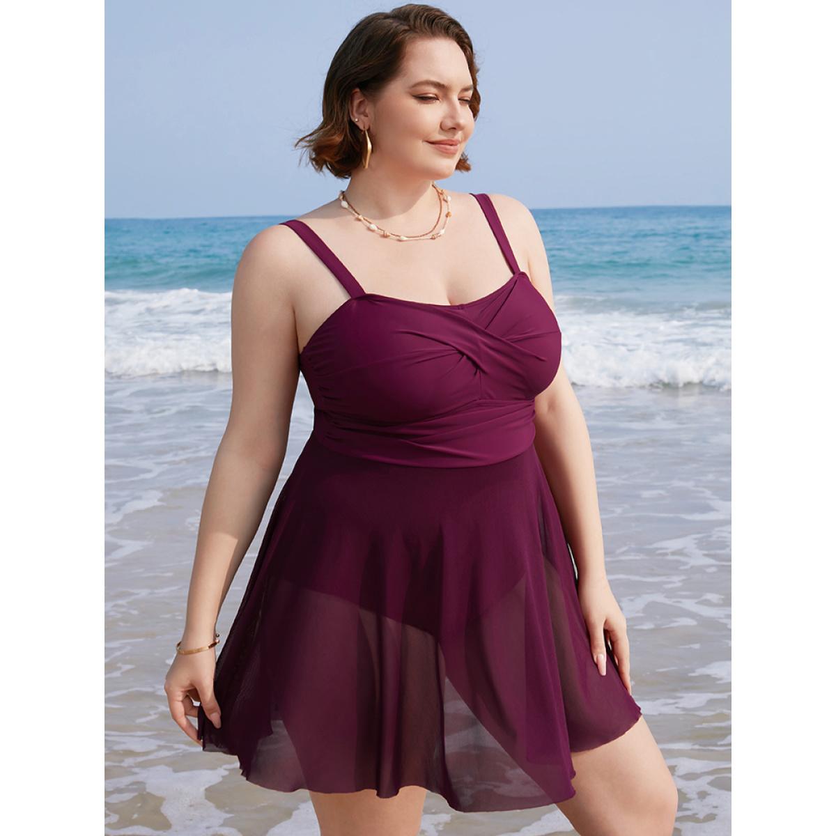 Plus Size Mesh Patchwork Flutter Crossover Sculpt Waist Swim Dress Women's Swimwear RedViolet Vacation Bodycon High stretch Curve Swim Dresses BloomChic 10/M Product Image