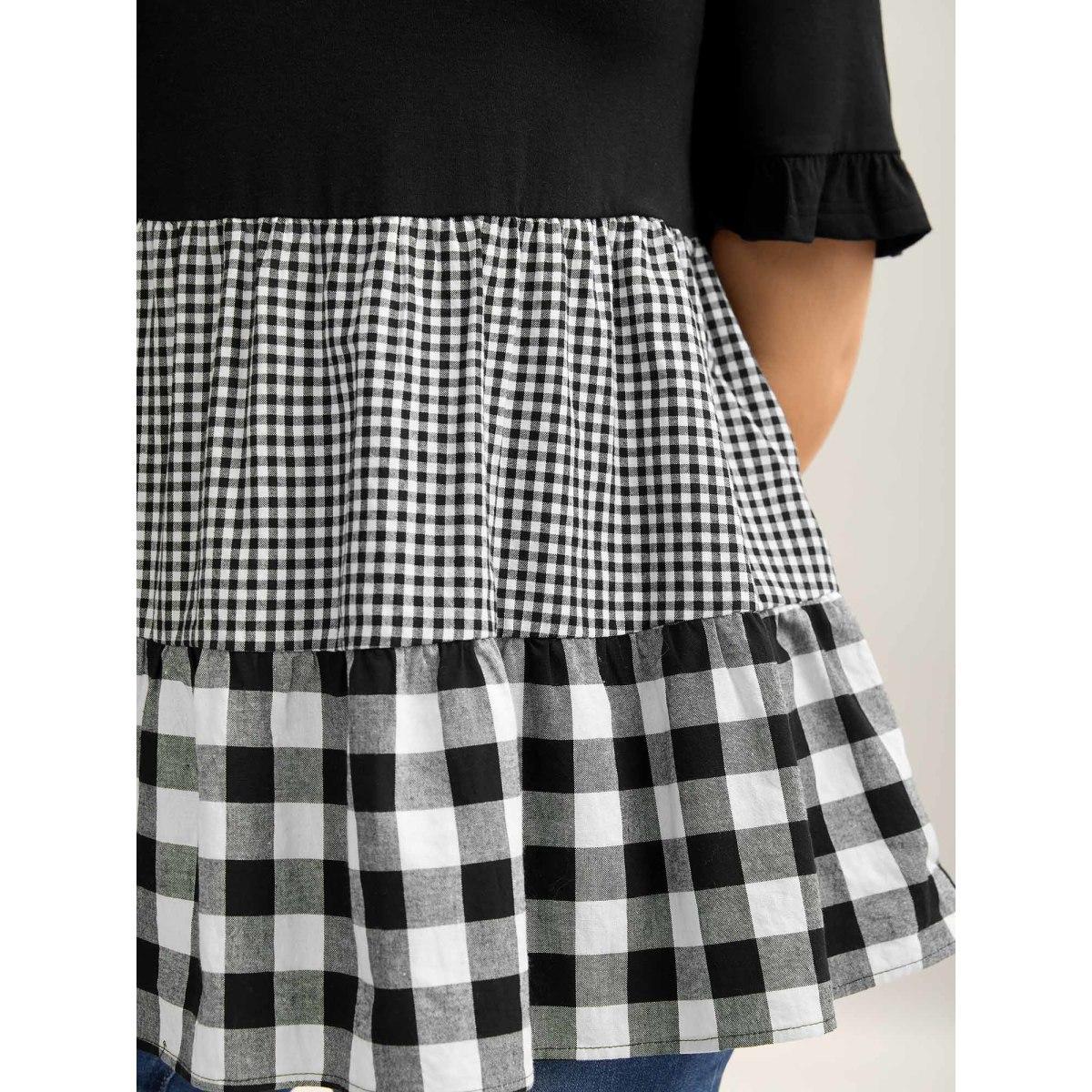 Plus Size Mixed Print Round Neck Doll T-Shirt Black Women Gathered Round Neck Everyday-Casual T-shirts BloomChic 12/L Product Image