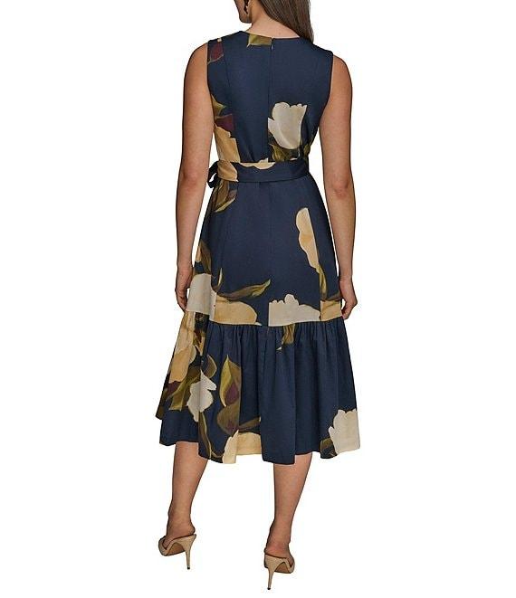 Donna Karan Floral Print V-Neck A-Line Midi Dress Product Image