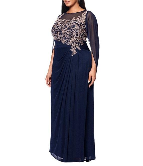 Betsy & Adam Plus Size Boat Neck Cap Sleeve Drape Back Chiffon Applique Sheath Gown Product Image