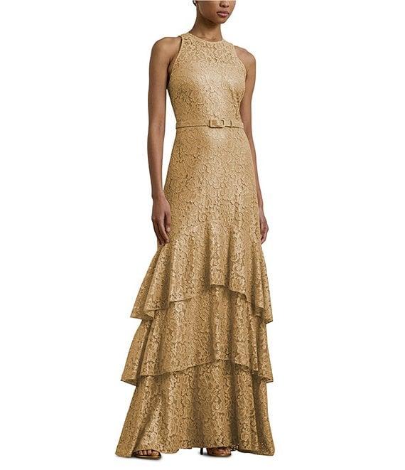Lauren Ralph Lauren Metallic Lace Round Neck Sleeveless Belted Tiered Gown Product Image
