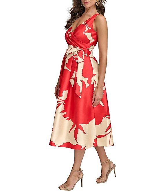 Donna Karan V-Neck Sleeveless Abstract Floral Print Midi Dress Product Image