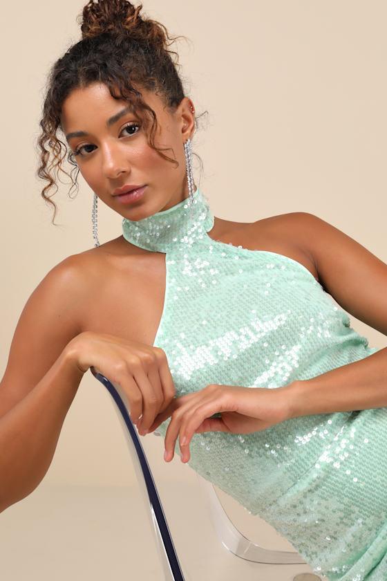 Sensational Purpose Mint Sequin Halter Tulip Mini Dress Product Image