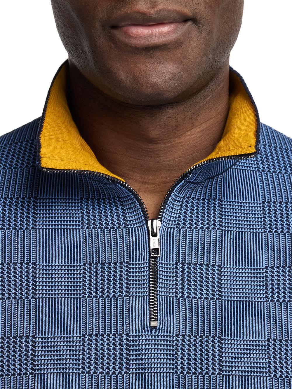 Cotton Quarter Zip Mock Neck Sweater - Blue/gold Product Image