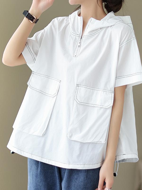 Loose Short Sleeves Zipper Hooded T-Shirts Tops Product Image