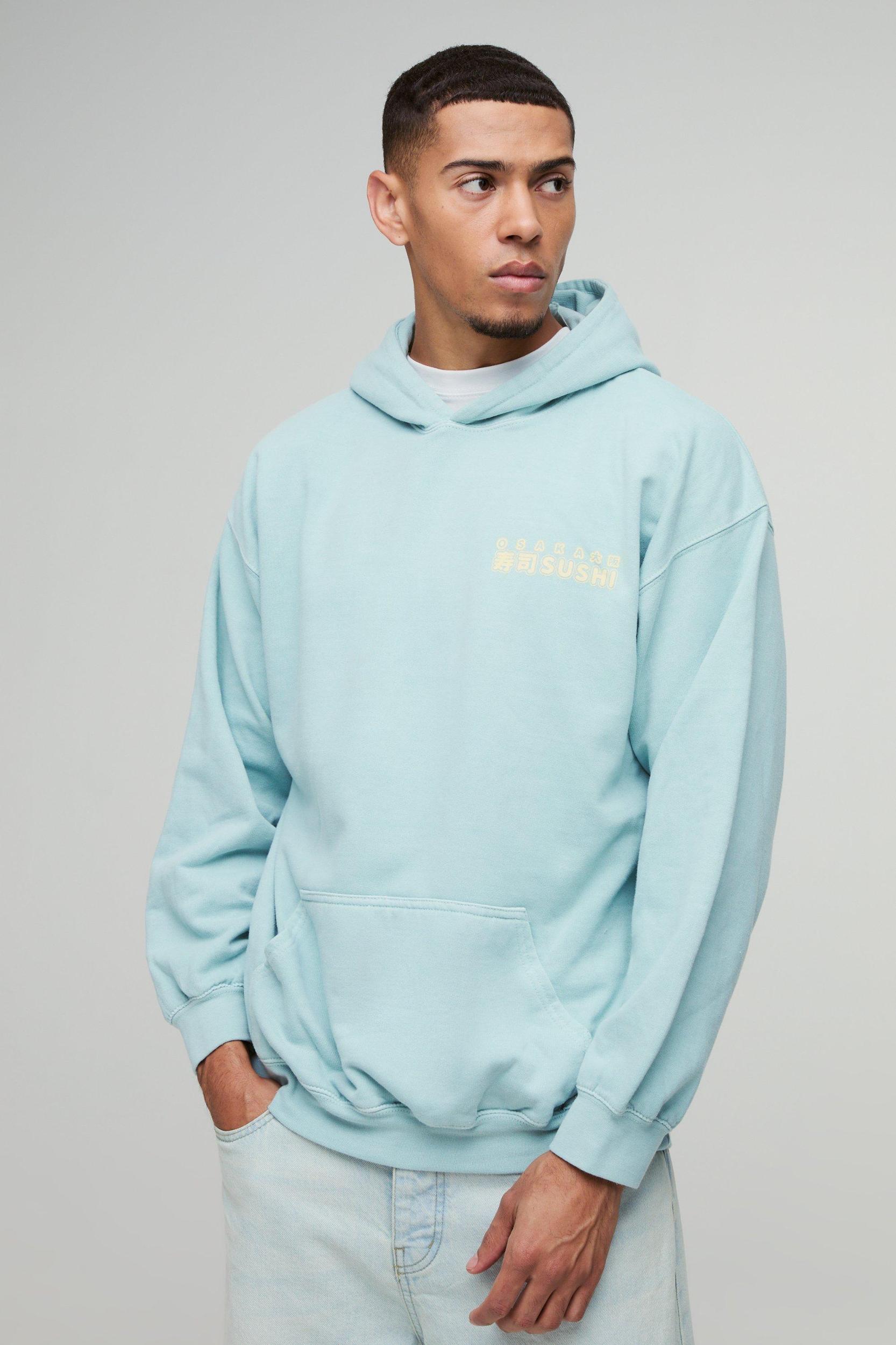 Oversized Sushi Graphic Washed Hoodie | boohooMAN USA Product Image