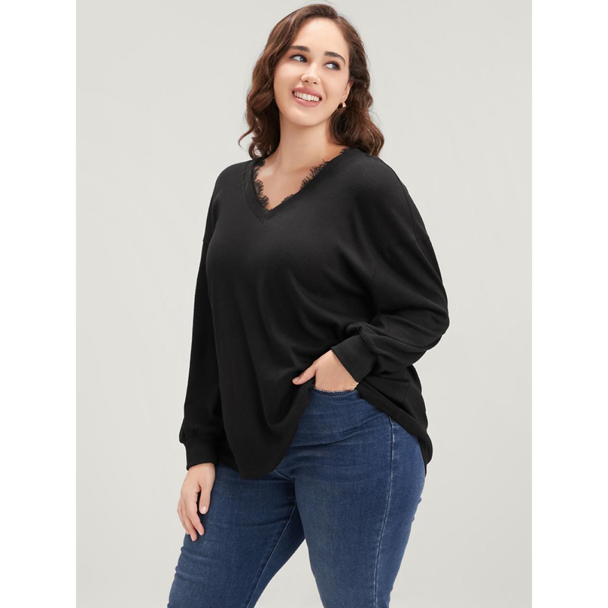 Plus Size Solid V Neck Lace Trim Drop Shoulder Sweatshirt Women Black Elegant Lace V-neck Dailywear Sweatshirts BloomChic 30/6X Product Image