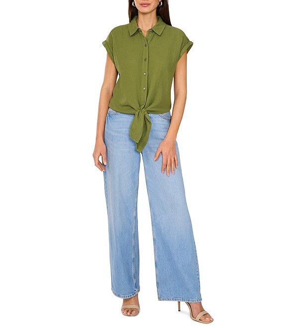 Vince Camuto Woven Collared Short Sleeve Tie Front Blouse Product Image