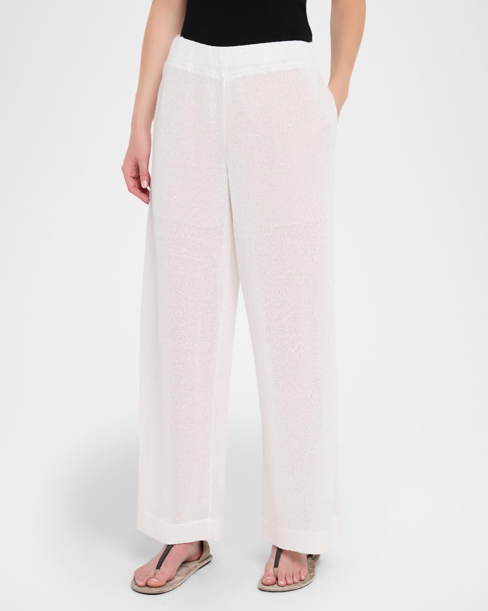 Linen-Silk Paillette Knit Straight-Leg Pull-On Pants Product Image