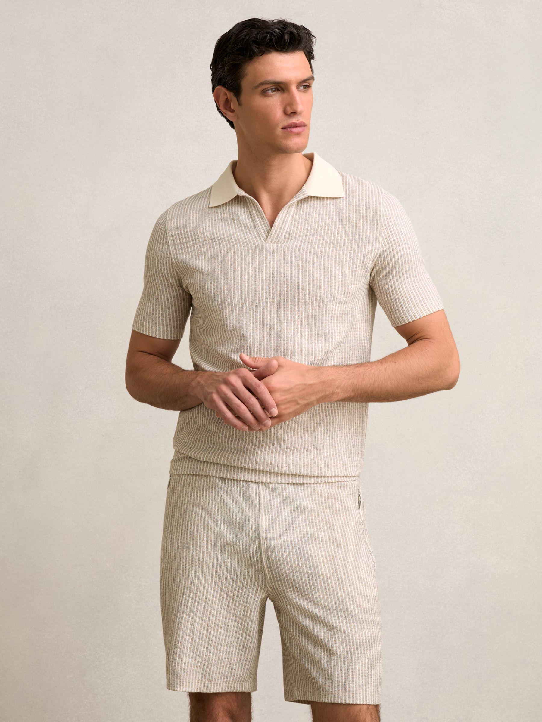 Cotton-Blend Stripe Drawstring Shorts in Ecru/Taupe Brown Product Image