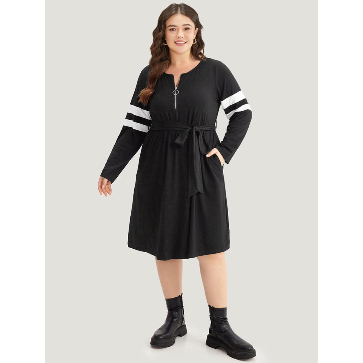 Plus Size Colorblock Patchwork Zipper Belted Dress Black Women Casual Belted Round Neck Long Sleeve Curvy Midi Dress BloomChic 30/6X Product Image
