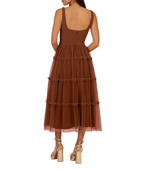 Adrianna by Adrianna Papell Knit Mesh Square Neck Sleeveless Tiered Ruffle Midi Dress Product Image