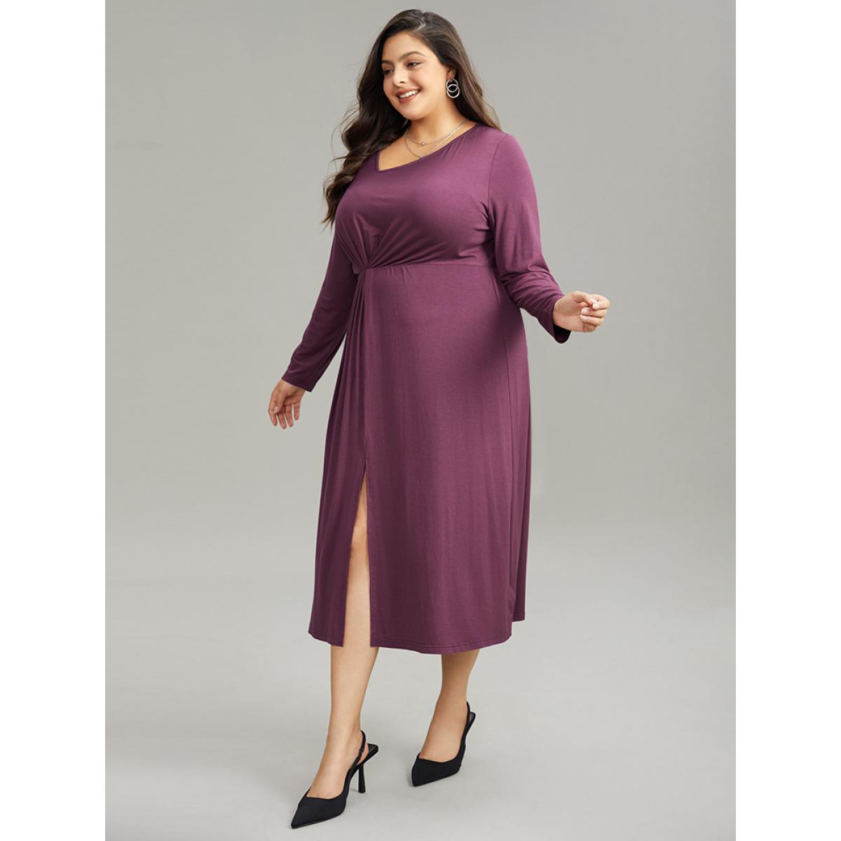 Plus Size Solid Twist Front Gathered Split Hem Dress Mauve Women Office Plain Asymmetrical Neck Long Sleeve Curvy Midi Dress BloomChic 26/4X Product Image