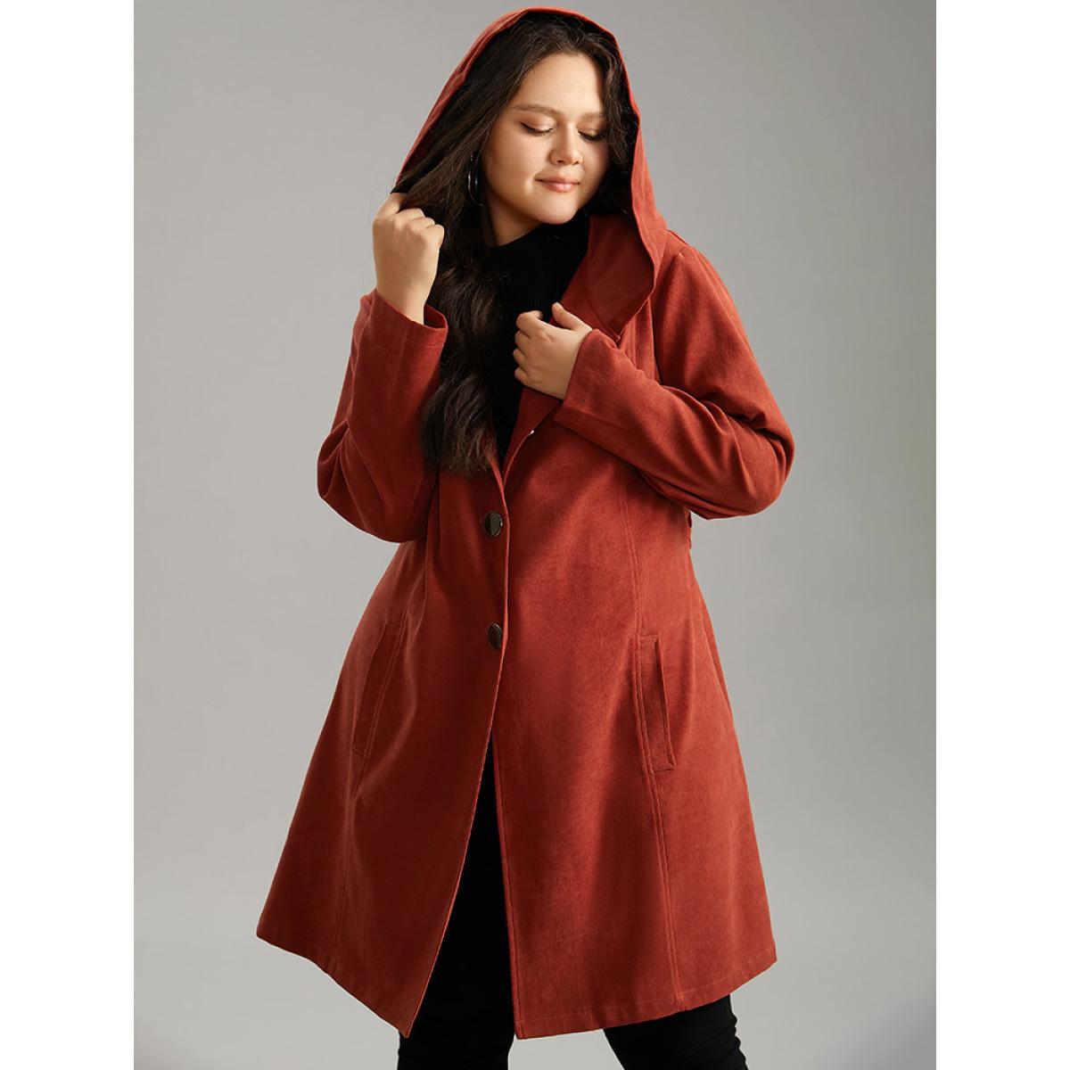 Plus Size Solid Belted Button Up Hooded Coat Women Russet Casual Plain Ladies Dailywear Winter Coats BloomChic 22-24/3X Product Image