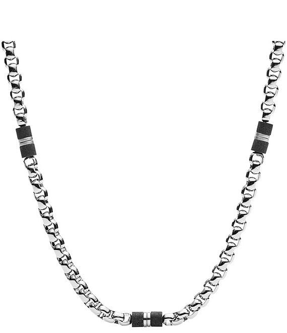 Fossil Men's Black Marble and Silver-Tone Steel Beaded Necklace Product Image