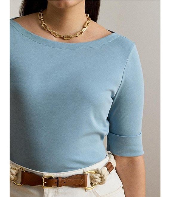 Lauren Ralph Lauren Plus Size Stretch Cotton Knit Boat Neck Elbow Sleeve Tee Product Image