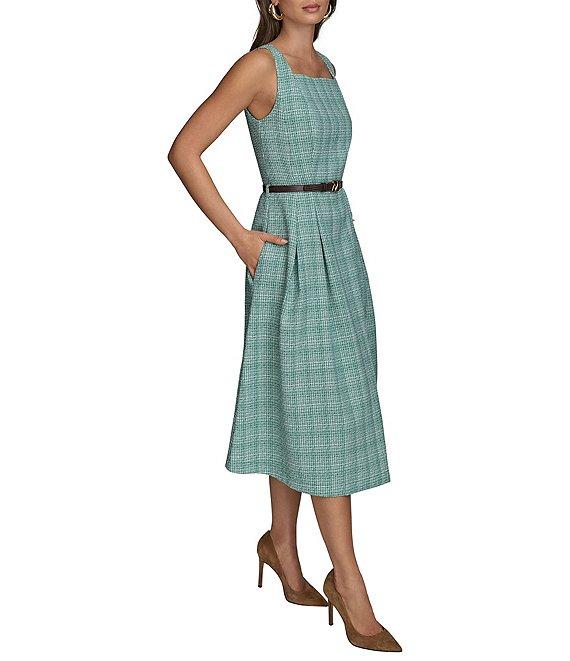 Donna Karan Tweed Square Neck Sleeveless Belted Fit and Flare Midi Dress Product Image
