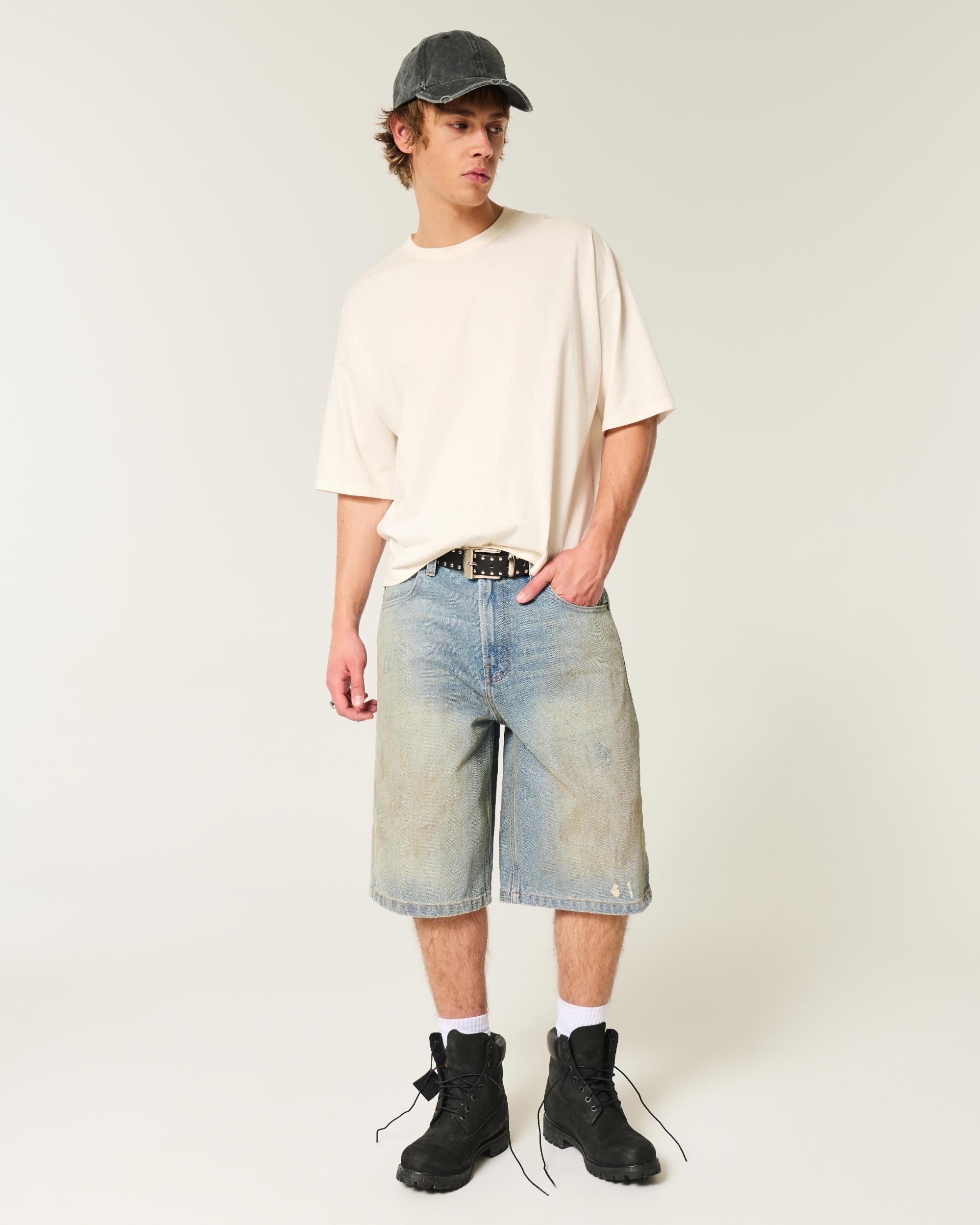 Below-the-Knee Washed Black Super Baggy Denim Shorts Product Image