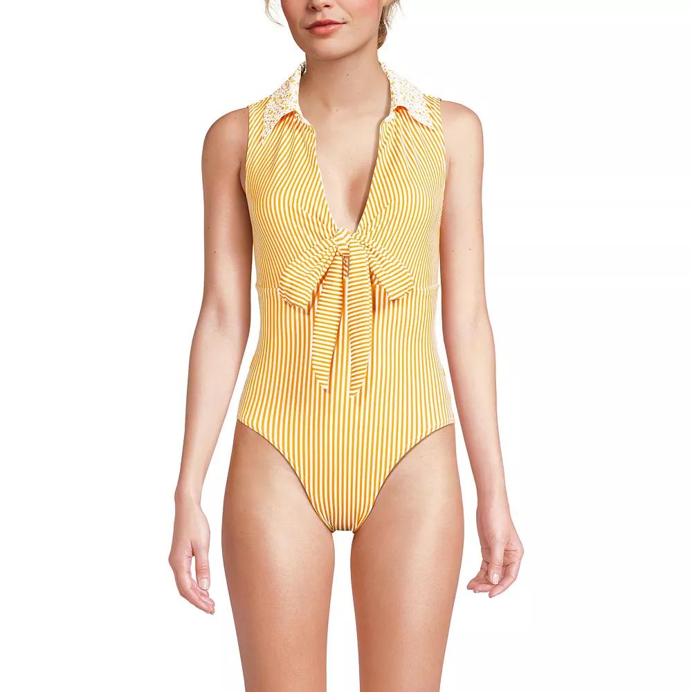 Women's Lands' End High Leg One-Piece Swimsuit, Size: 6, Yellow Floral Stripe Product Image