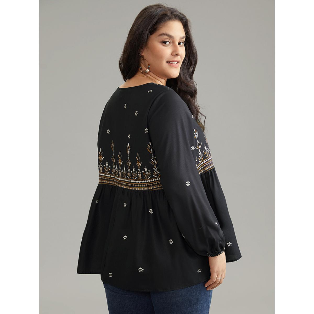 Plus Size Black Boho Print Lantern Sleeve Gathered Blouse Women Vacation Long Sleeve V-neck Vacation Blouses BloomChic 18-20/2X Product Image