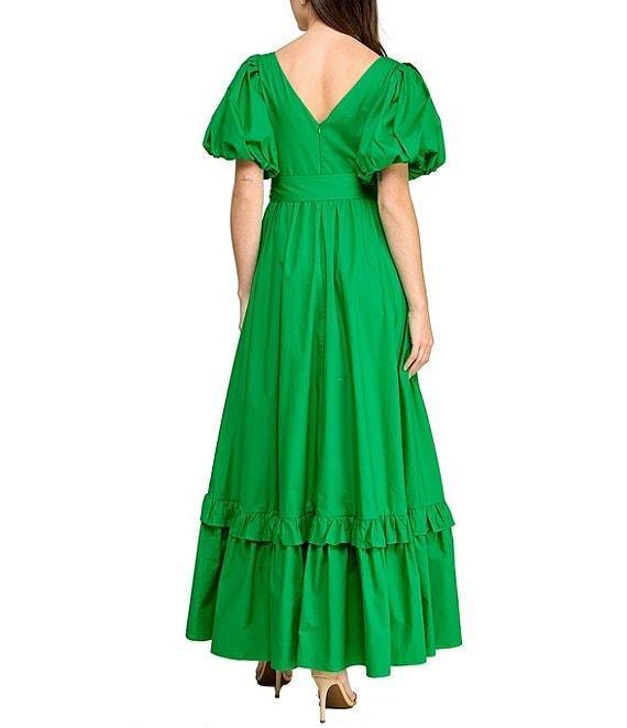 Layered With Love V-neck Short Puff Sleeves Self Belt Hi Low Ruffle Hem Maxi Dress Product Image