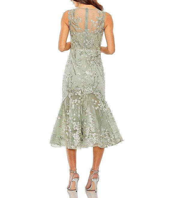 Mac Duggal Sleeveless Embroidered Illusion Ruffle Hem Midi Dress Product Image